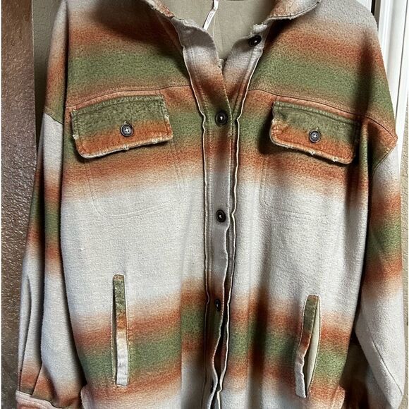 FREE People Ruby Print Shacket Ombre Stripe Marzipan NWT Sml Mocha Mousse - Picture 10 of 17